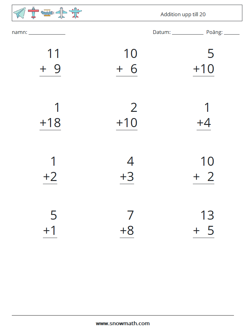 (12) Addition upp till 20 Matematiska arbetsblad 12