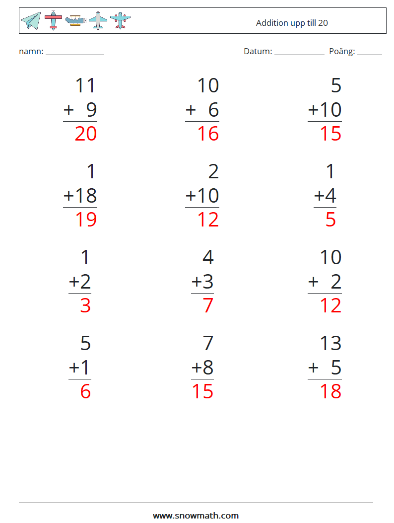 (12) Addition upp till 20 Matematiska arbetsblad 12 Fråga, svar