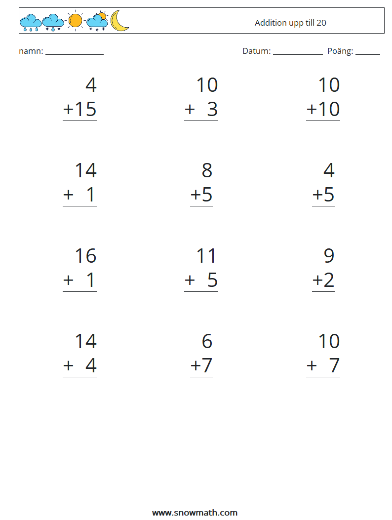 (12) Addition upp till 20 Matematiska arbetsblad 13