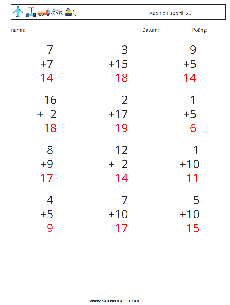 (12) Addition upp till 20 Matematiska arbetsblad 14 Fråga, svar