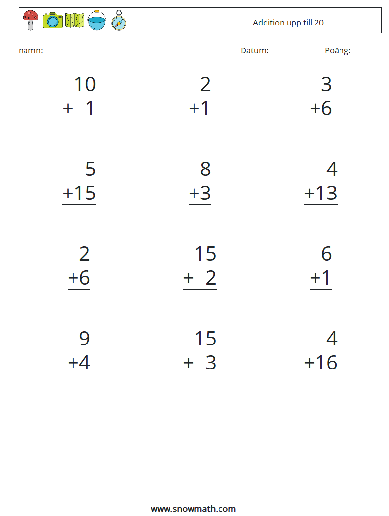 (12) Addition upp till 20 Matematiska arbetsblad 16