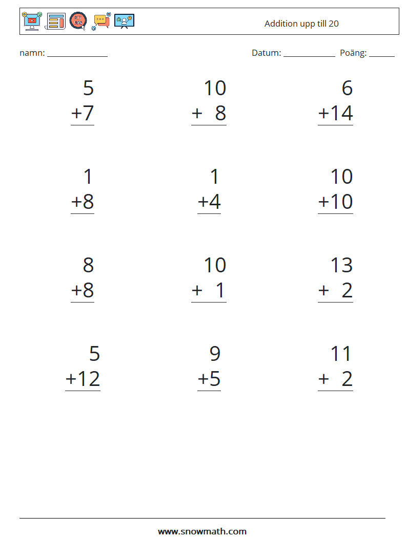 (12) Addition upp till 20 Matematiska arbetsblad 17