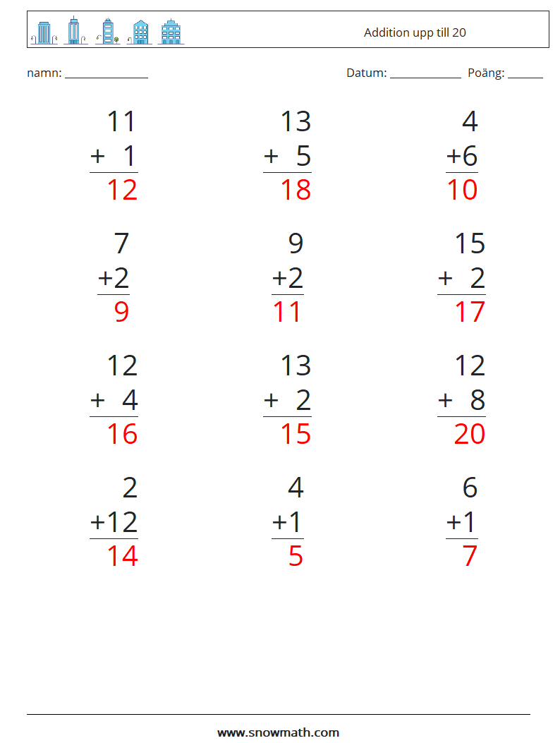 (12) Addition upp till 20 Matematiska arbetsblad 1 Fråga, svar