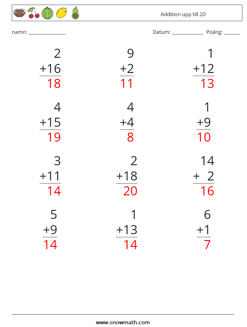 (12) Addition upp till 20 Matematiska arbetsblad 2 Fråga, svar