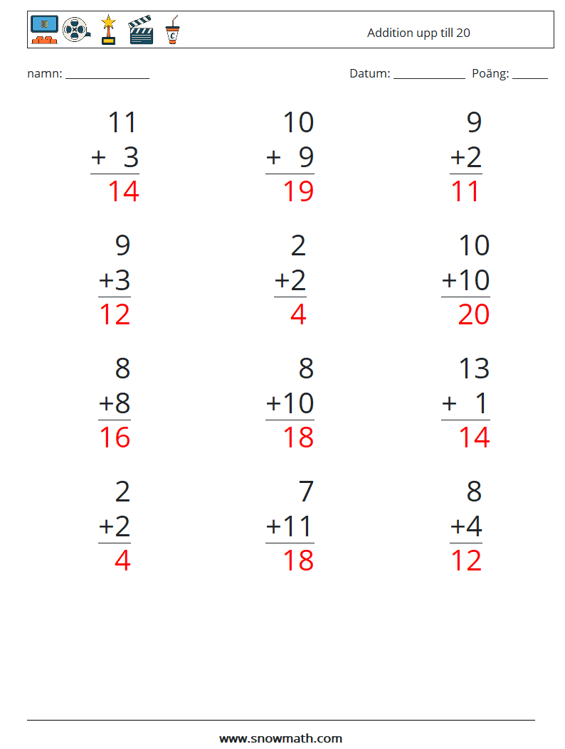 (12) Addition upp till 20 Matematiska arbetsblad 4 Fråga, svar