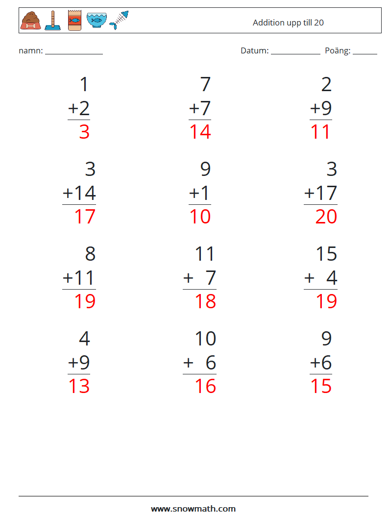 (12) Addition upp till 20 Matematiska arbetsblad 5 Fråga, svar