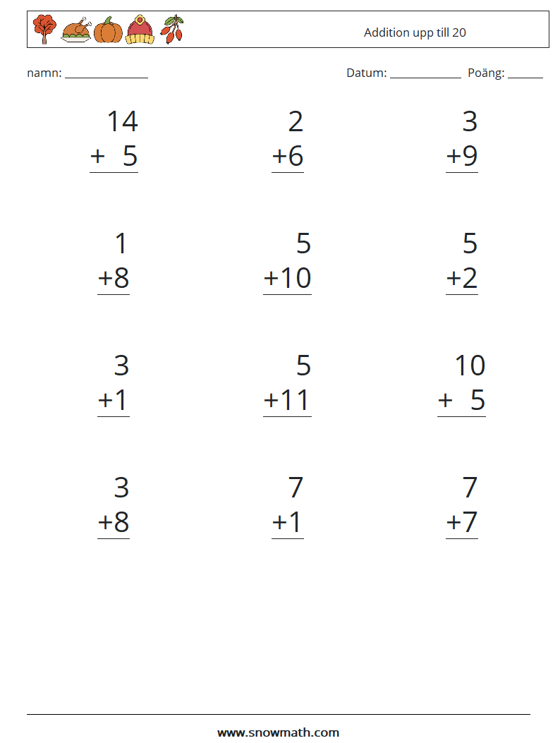 (12) Addition upp till 20 Matematiska arbetsblad 6