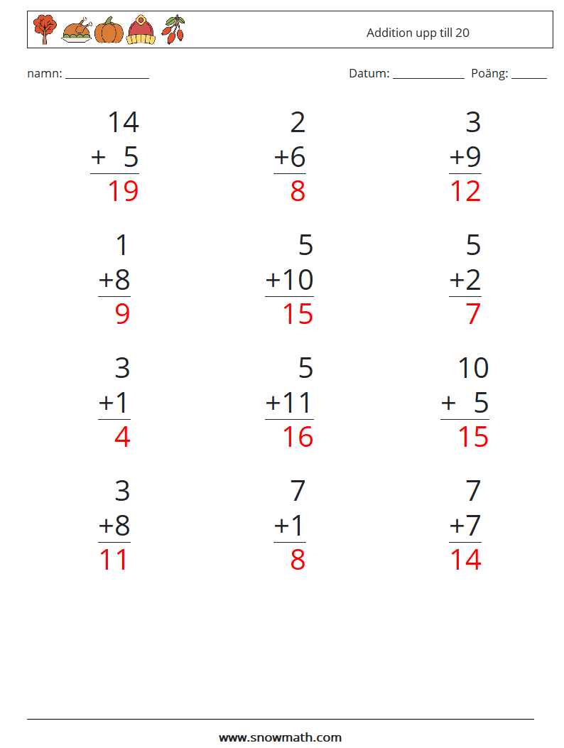 (12) Addition upp till 20 Matematiska arbetsblad 6 Fråga, svar