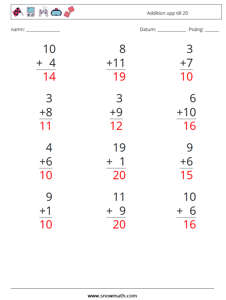 (12) Addition upp till 20 Matematiska arbetsblad 8 Fråga, svar