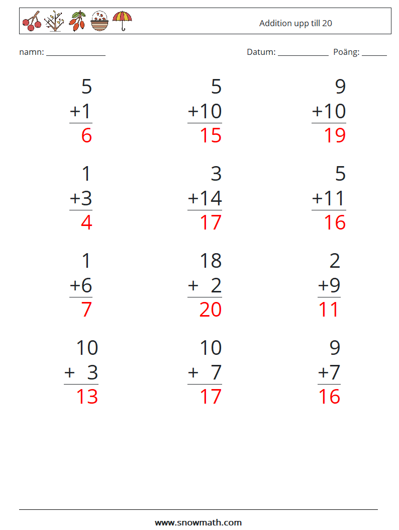 (12) Addition upp till 20 Matematiska arbetsblad 9 Fråga, svar