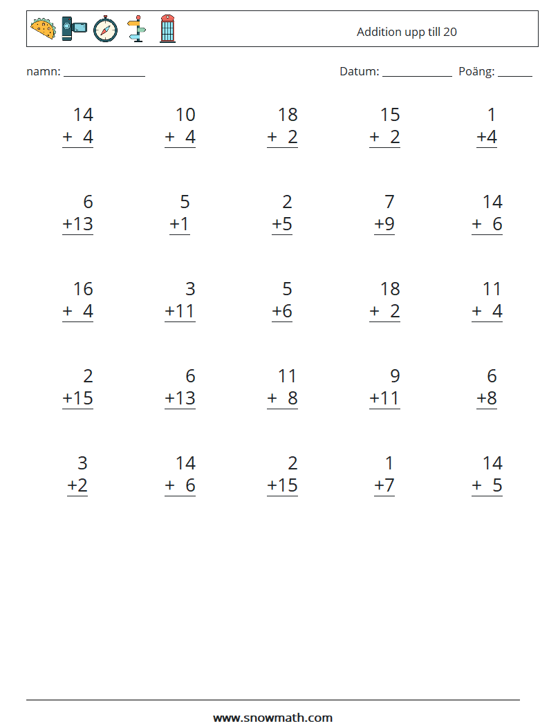 (25) Addition upp till 20 Matematiska arbetsblad 1