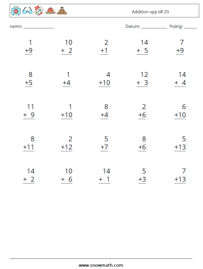 (25) Addition upp till 20 Matematiska arbetsblad 10