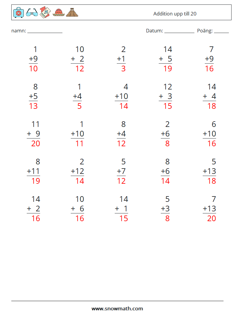 (25) Addition upp till 20 Matematiska arbetsblad 10 Fråga, svar