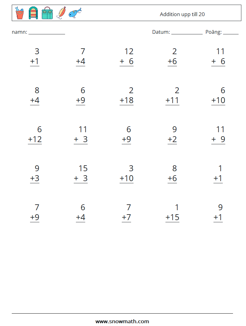 (25) Addition upp till 20 Matematiska arbetsblad 11