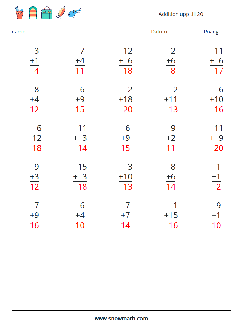 (25) Addition upp till 20 Matematiska arbetsblad 11 Fråga, svar