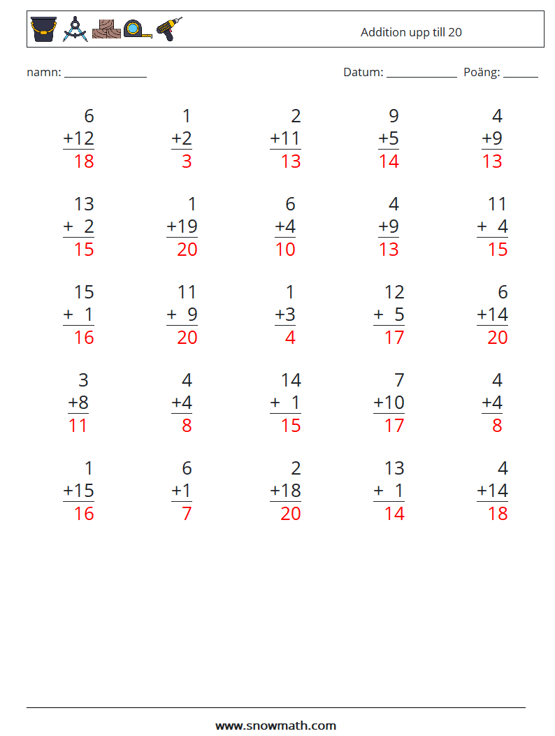 (25) Addition upp till 20 Matematiska arbetsblad 12 Fråga, svar