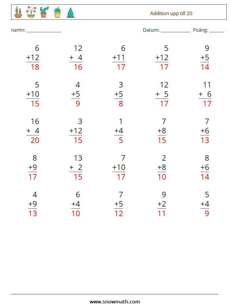 (25) Addition upp till 20 Matematiska arbetsblad 13 Fråga, svar