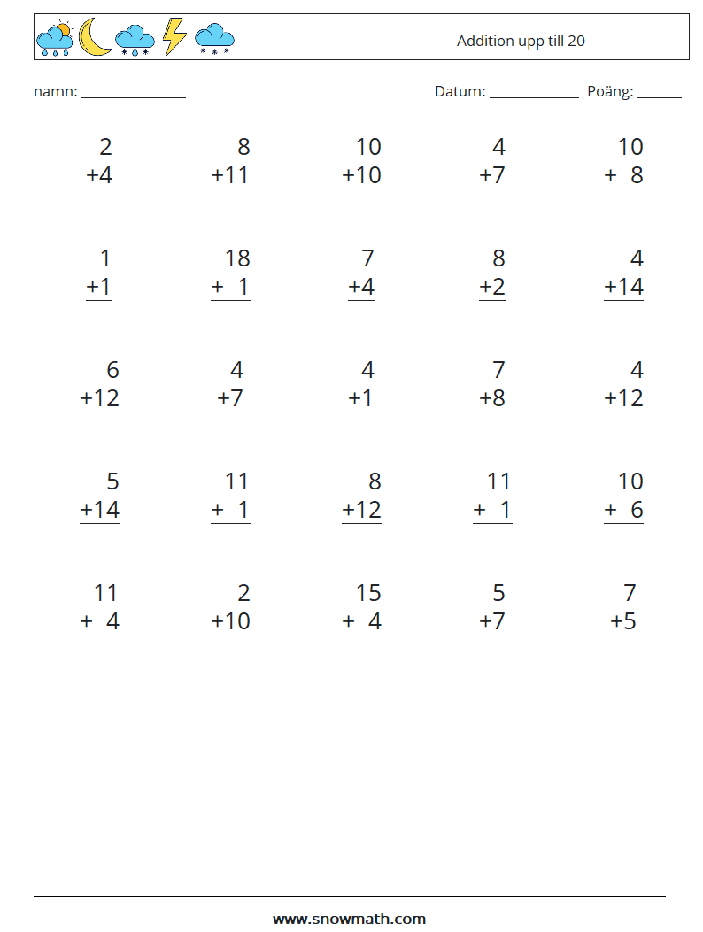 (25) Addition upp till 20 Matematiska arbetsblad 14