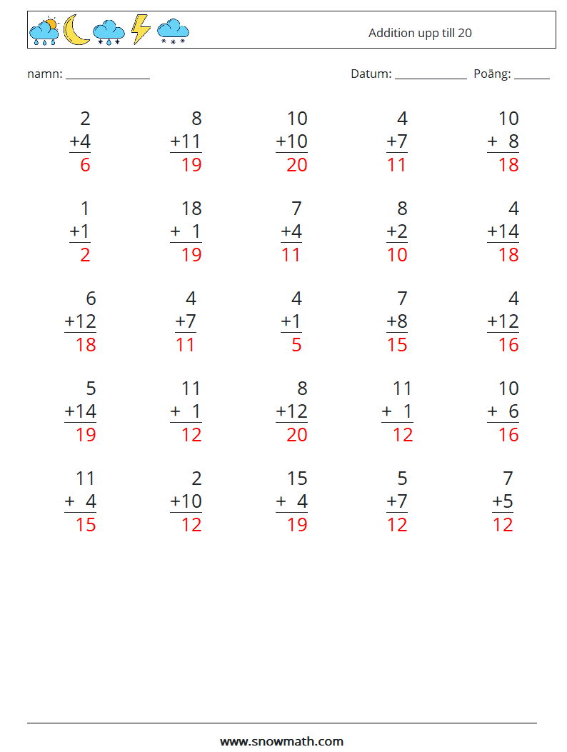 (25) Addition upp till 20 Matematiska arbetsblad 14 Fråga, svar