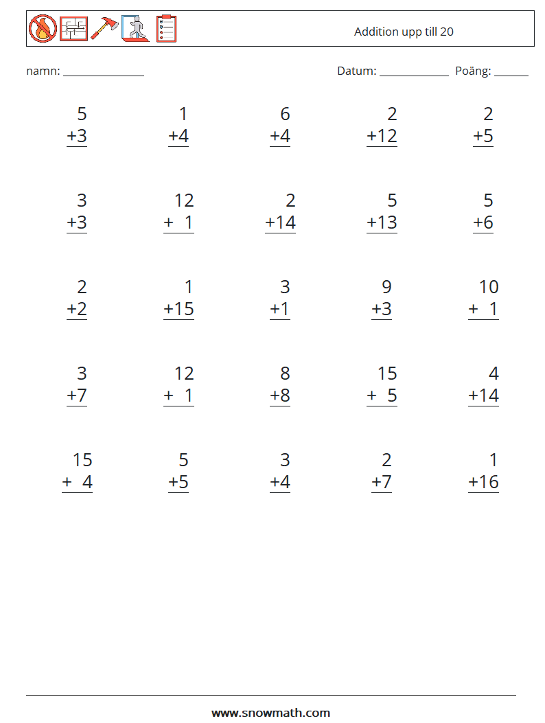 (25) Addition upp till 20 Matematiska arbetsblad 15