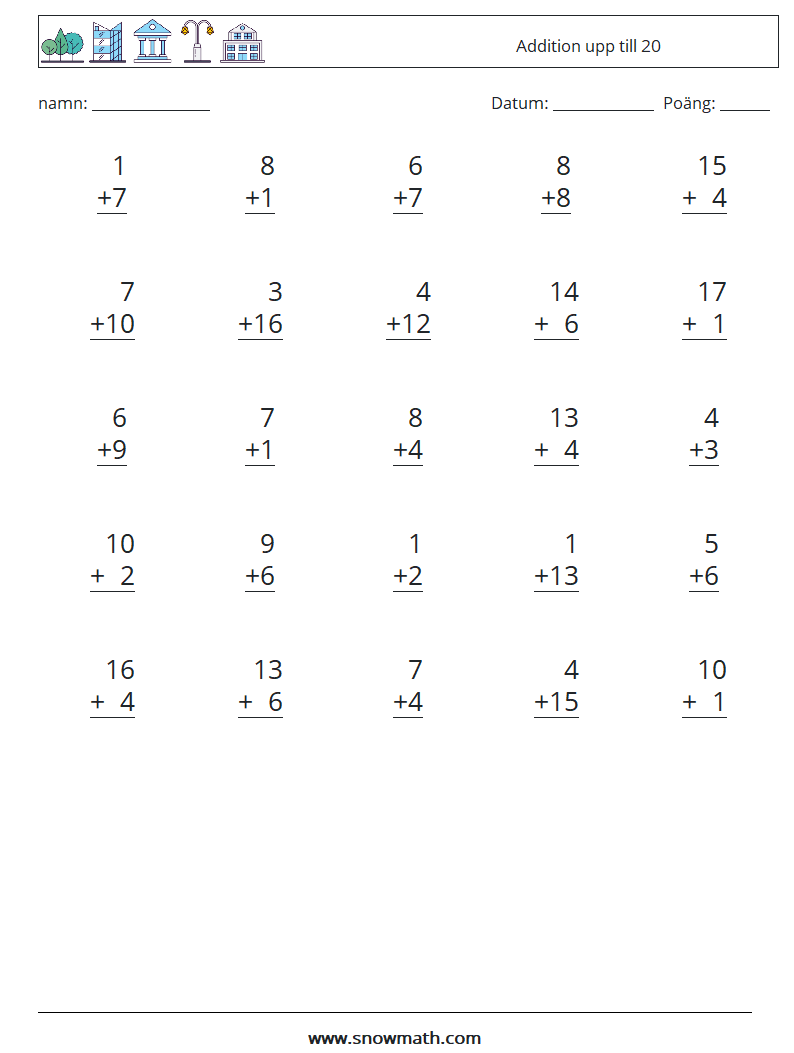 (25) Addition upp till 20 Matematiska arbetsblad 16