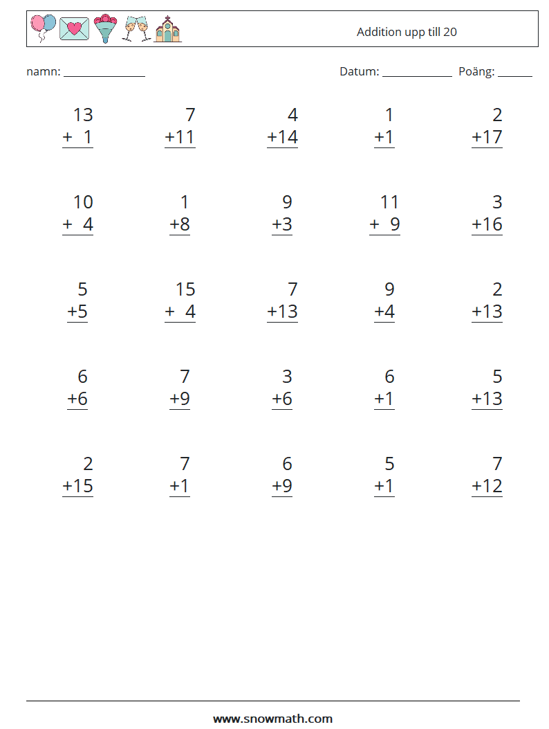 (25) Addition upp till 20 Matematiska arbetsblad 17