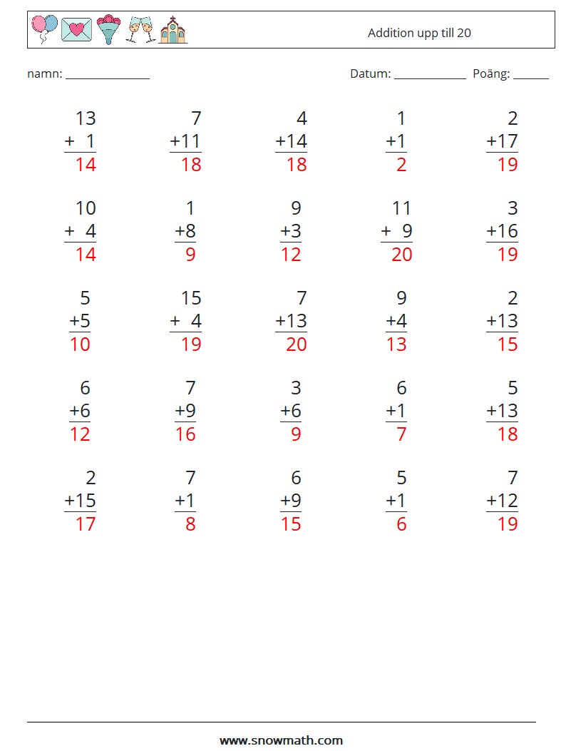 (25) Addition upp till 20 Matematiska arbetsblad 17 Fråga, svar