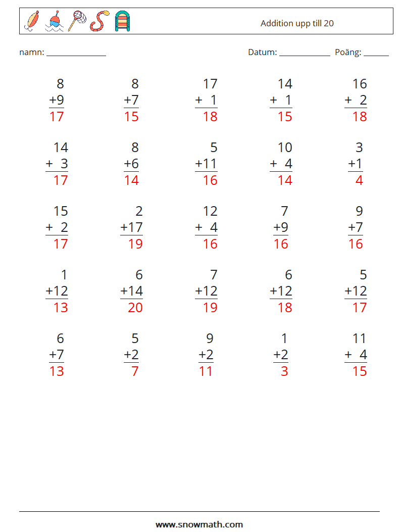 (25) Addition upp till 20 Matematiska arbetsblad 18 Fråga, svar