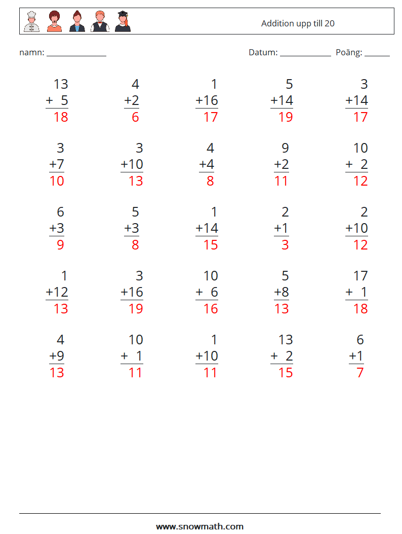 (25) Addition upp till 20 Matematiska arbetsblad 2 Fråga, svar