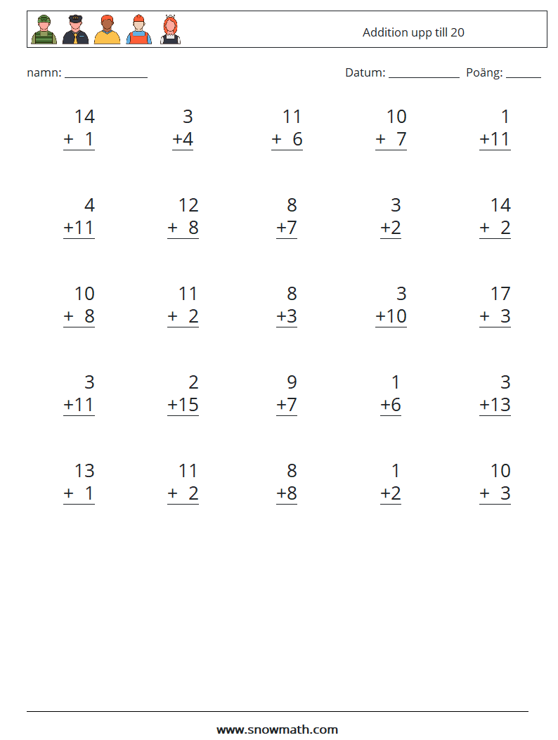 (25) Addition upp till 20 Matematiska arbetsblad 3