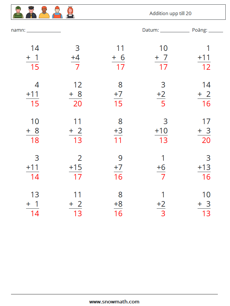 (25) Addition upp till 20 Matematiska arbetsblad 3 Fråga, svar