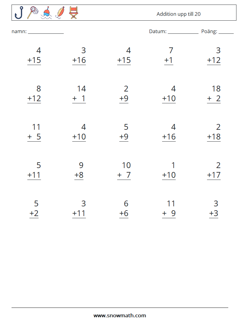 (25) Addition upp till 20 Matematiska arbetsblad 4