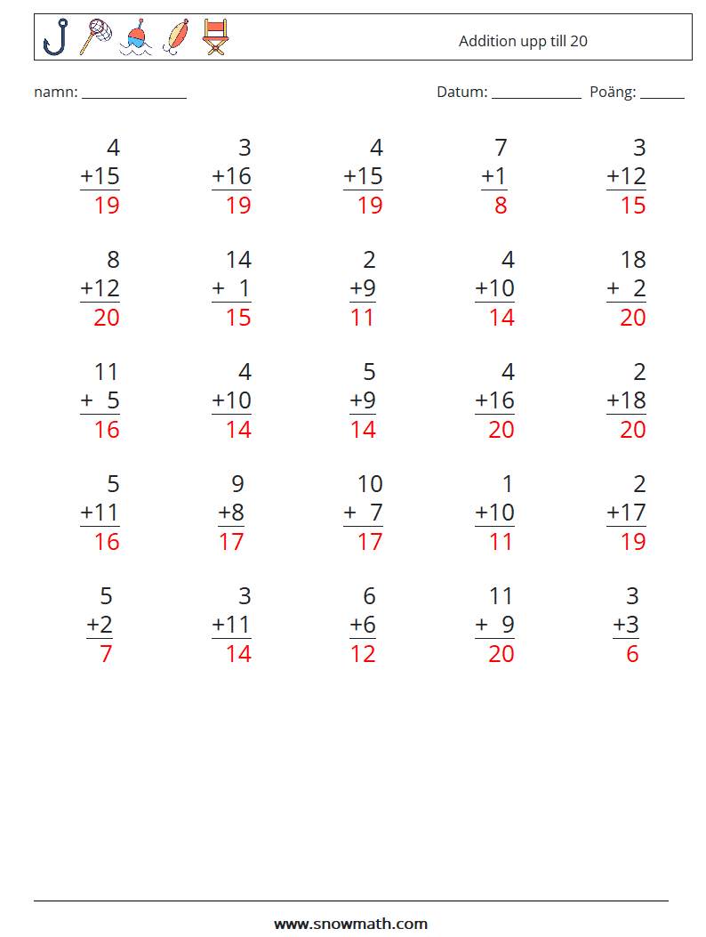 (25) Addition upp till 20 Matematiska arbetsblad 4 Fråga, svar