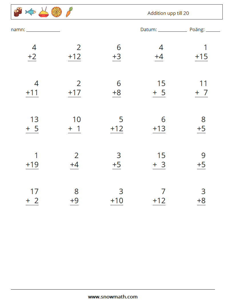 (25) Addition upp till 20 Matematiska arbetsblad 5