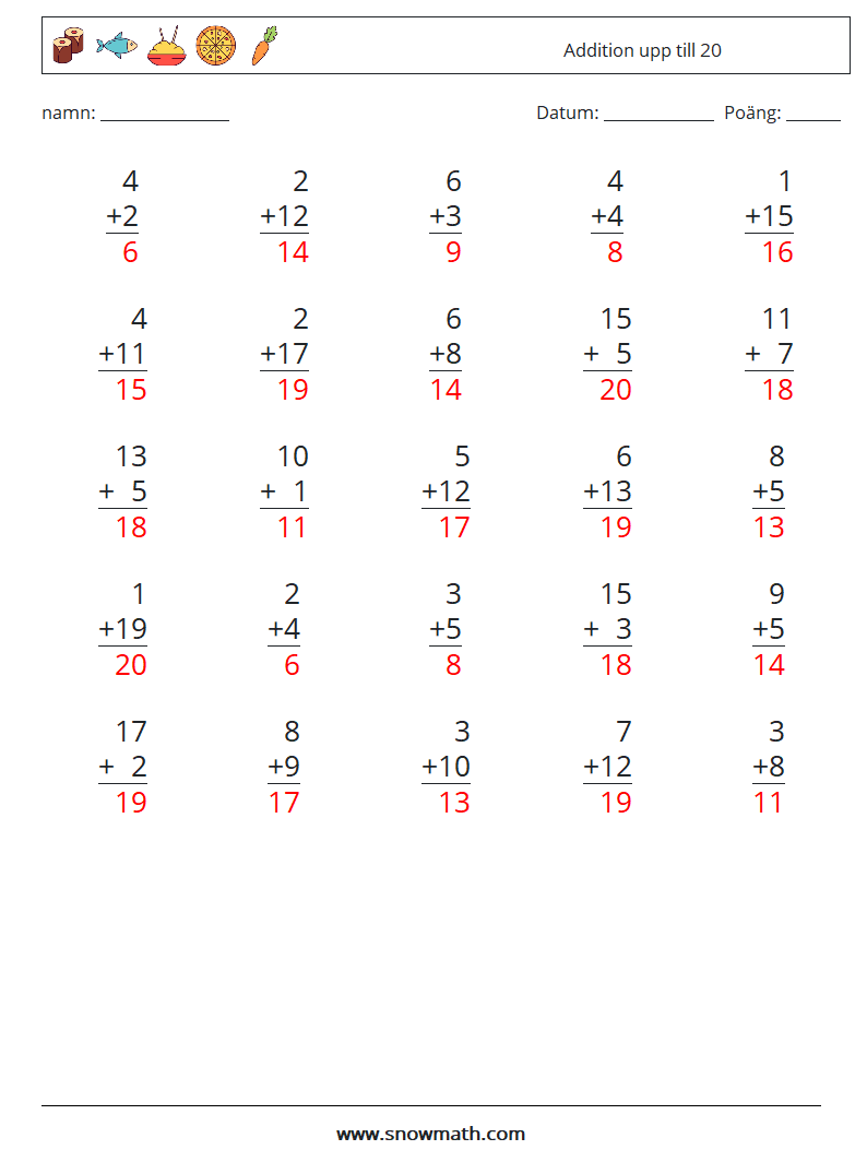 (25) Addition upp till 20 Matematiska arbetsblad 5 Fråga, svar