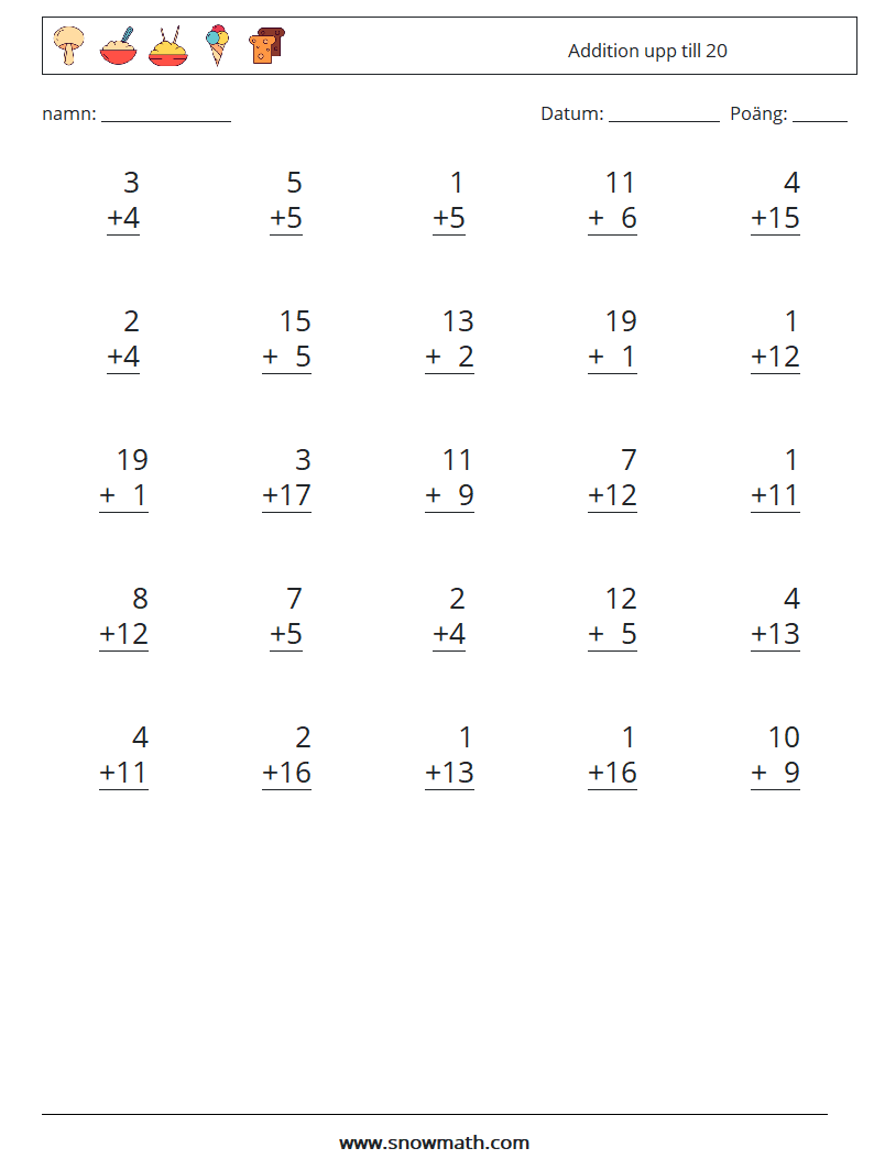 (25) Addition upp till 20 Matematiska arbetsblad 6