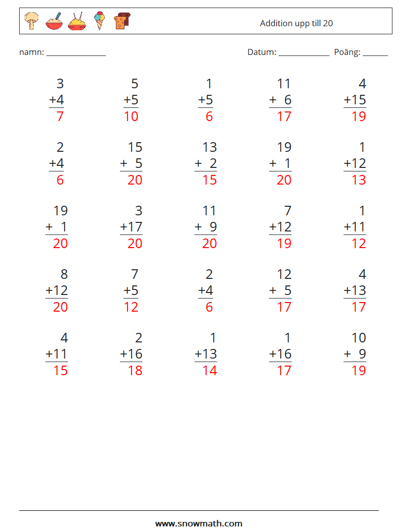 (25) Addition upp till 20 Matematiska arbetsblad 6 Fråga, svar