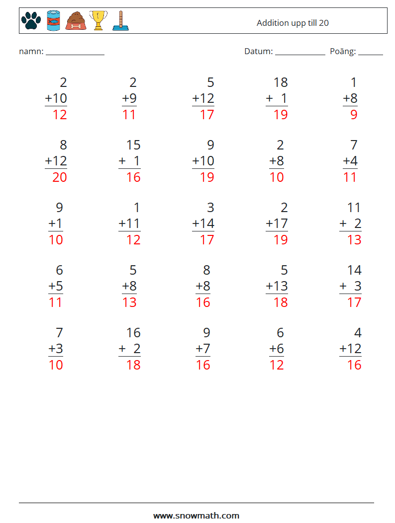 (25) Addition upp till 20 Matematiska arbetsblad 7 Fråga, svar