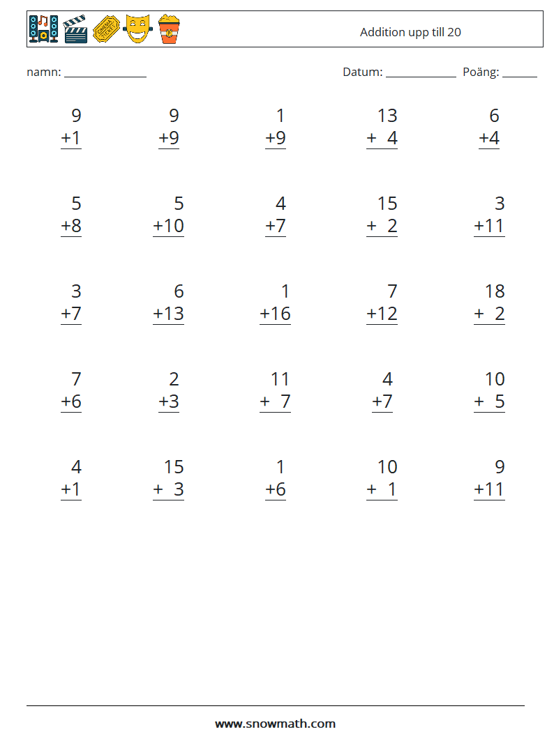 (25) Addition upp till 20 Matematiska arbetsblad 8