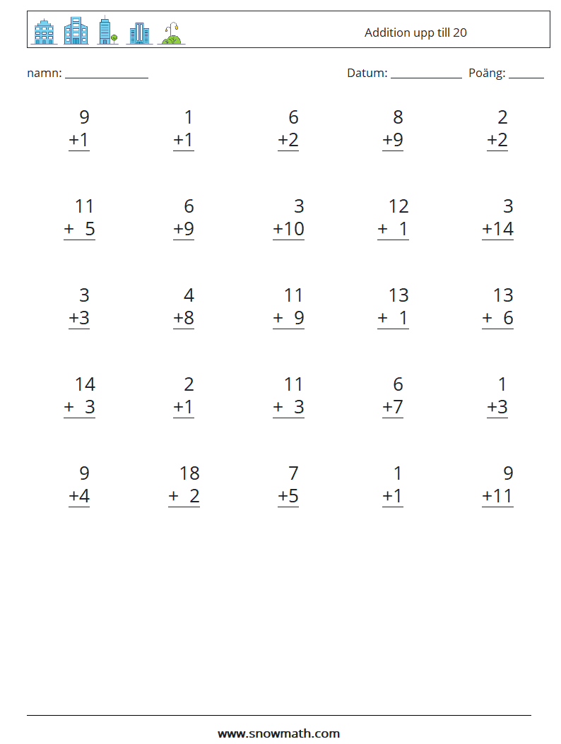 (25) Addition upp till 20 Matematiska arbetsblad 9