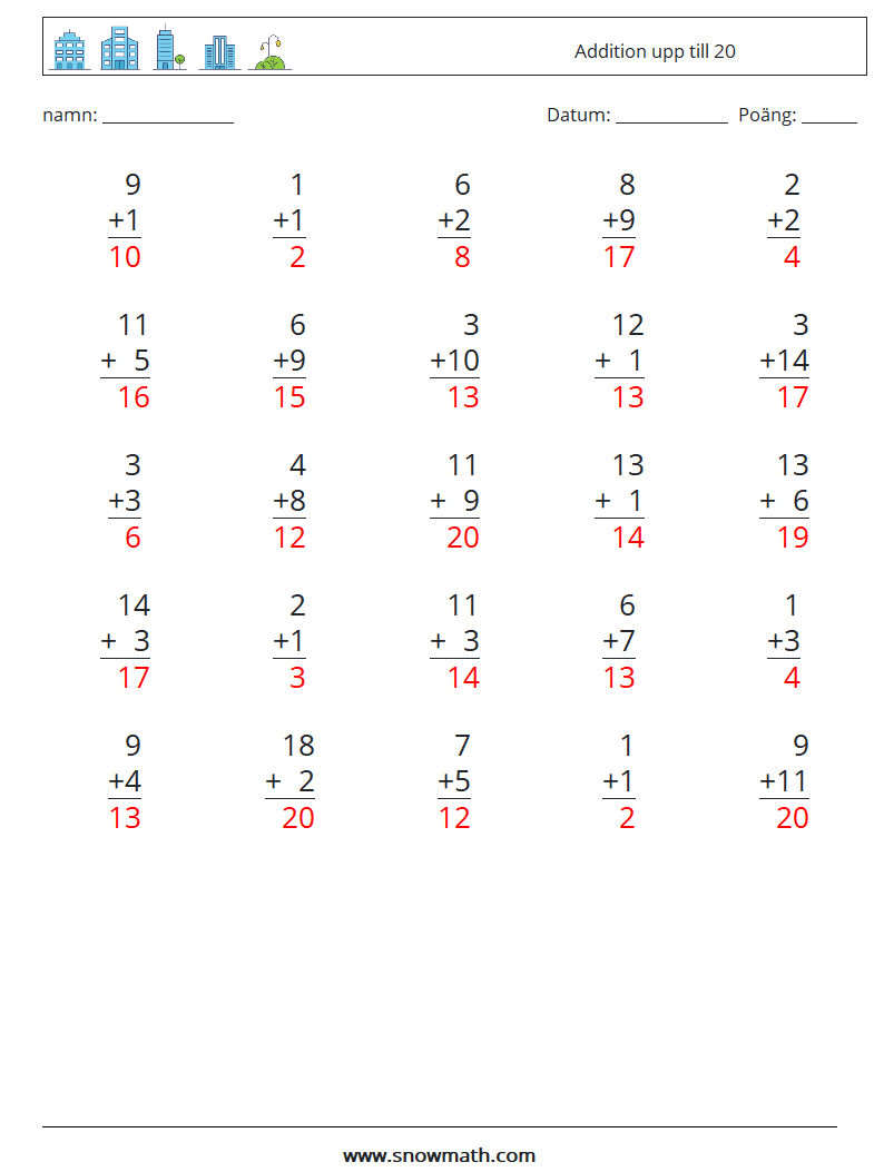 (25) Addition upp till 20 Matematiska arbetsblad 9 Fråga, svar