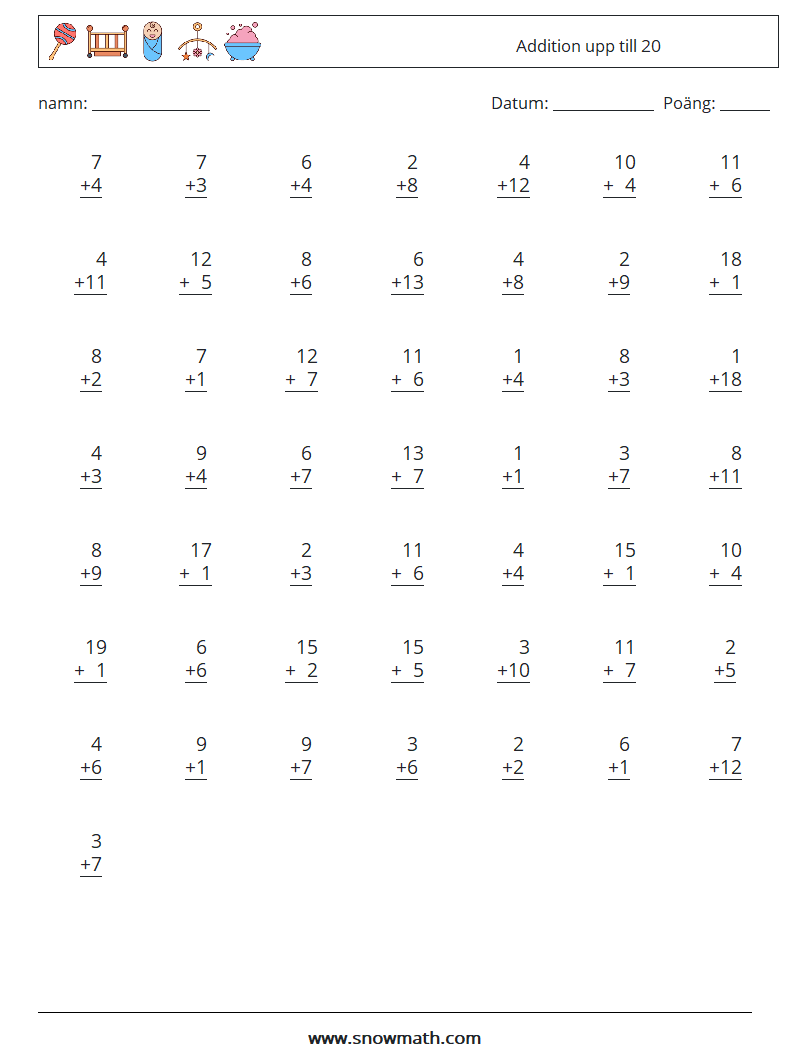 (50) Addition upp till 20 Matematiska arbetsblad 1