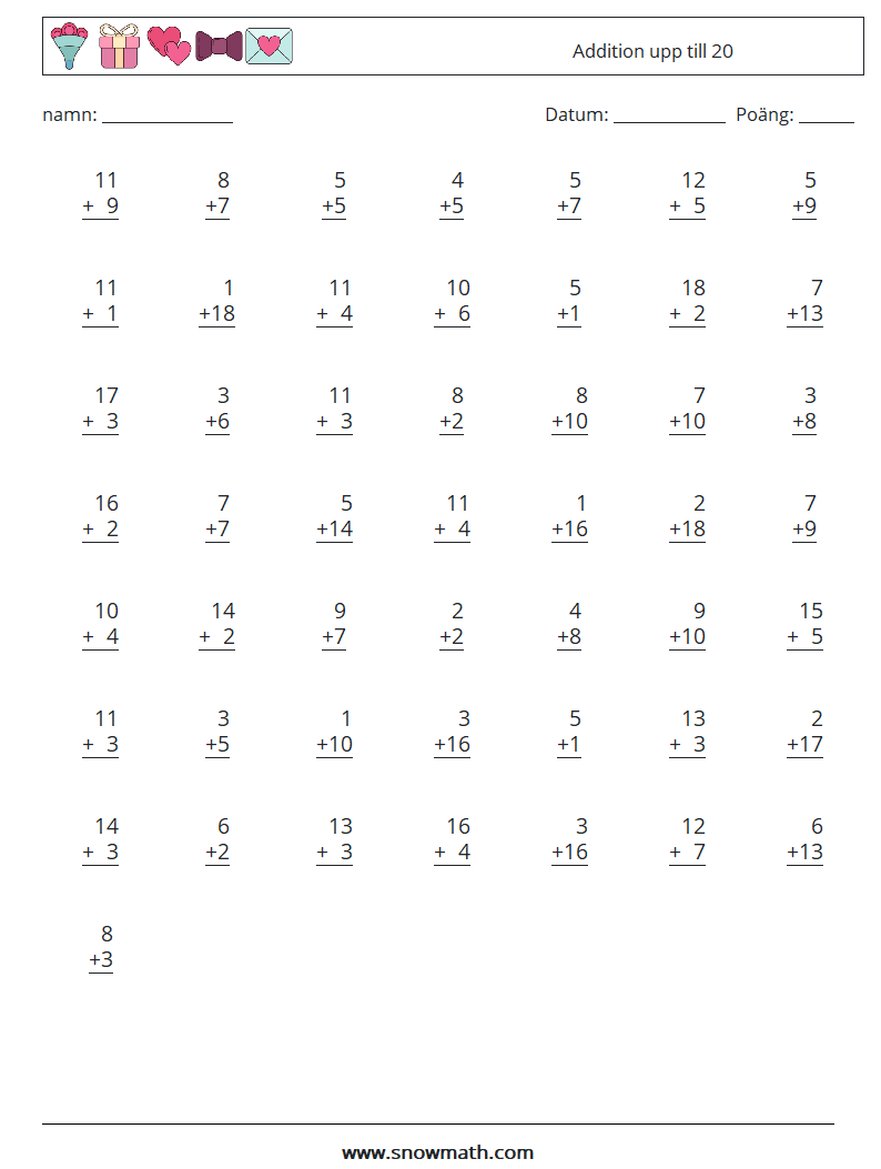 (50) Addition upp till 20 Matematiska arbetsblad 11