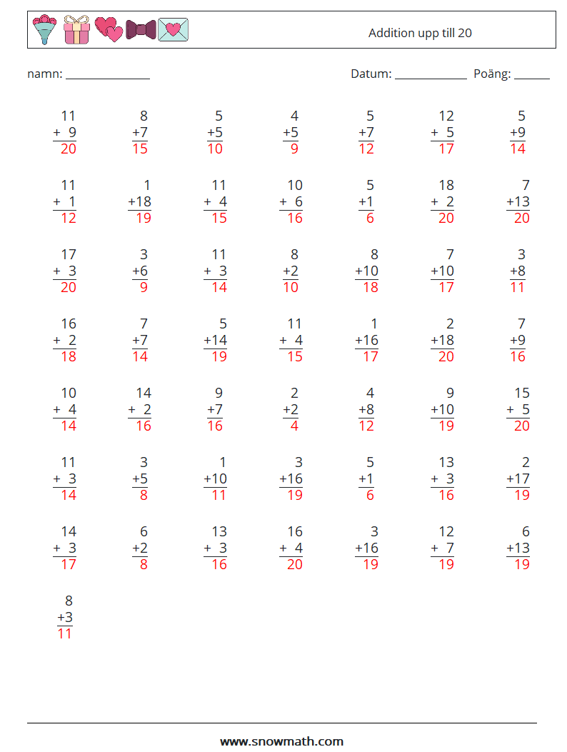 (50) Addition upp till 20 Matematiska arbetsblad 11 Fråga, svar