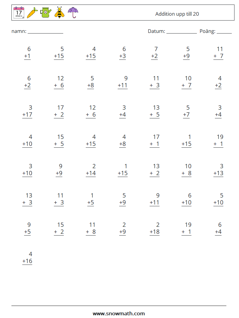 (50) Addition upp till 20 Matematiska arbetsblad 13