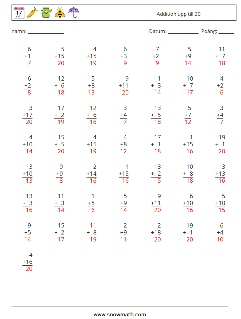 (50) Addition upp till 20 Matematiska arbetsblad 13 Fråga, svar