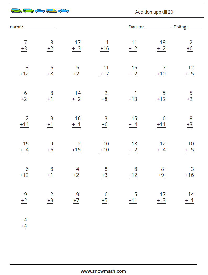 (50) Addition upp till 20 Matematiska arbetsblad 14