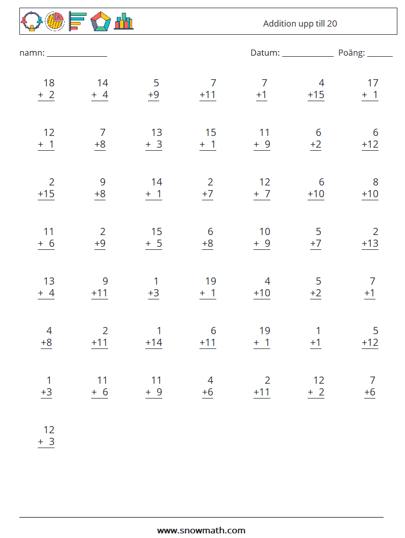 (50) Addition upp till 20 Matematiska arbetsblad 15