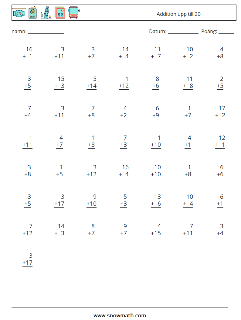 (50) Addition upp till 20 Matematiska arbetsblad 16