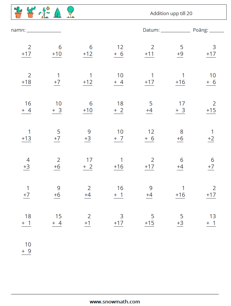 (50) Addition upp till 20 Matematiska arbetsblad 17